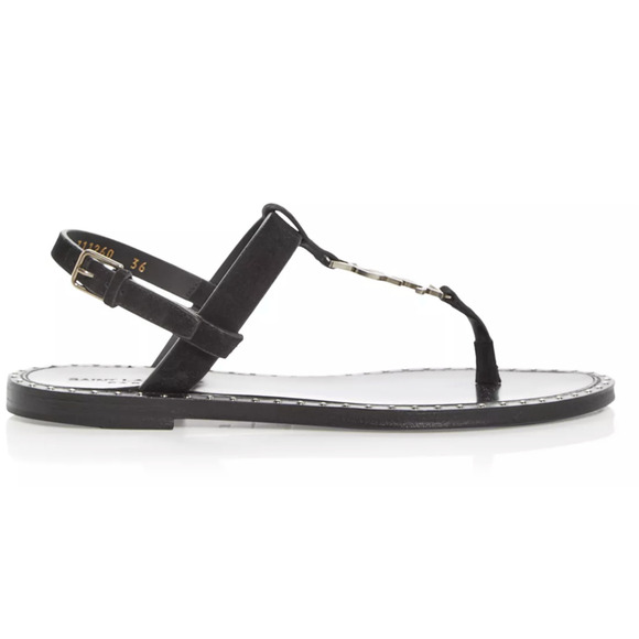 Saint Laurent YSL Logo Iota 05 Black Suede Studded Thong Slide Flat Sandal 36 - Picture 5 of 12